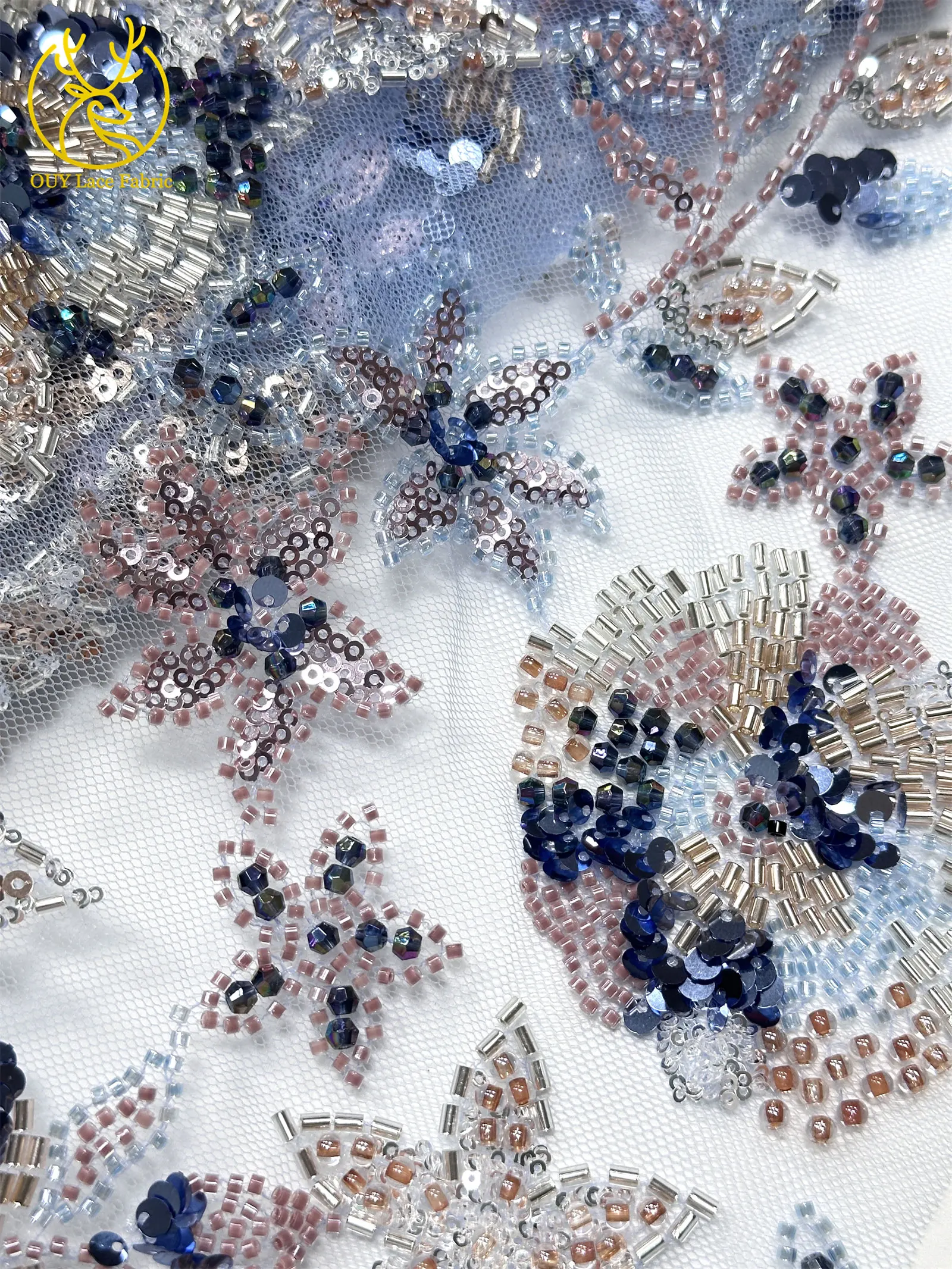 Modischer nigerianischer bestickter Perlen-Spitzenstoff, eleganter afrikanischer Pailletten-Netzstoff für Brautkleider und Partykleider zum Nähen – Detail 23