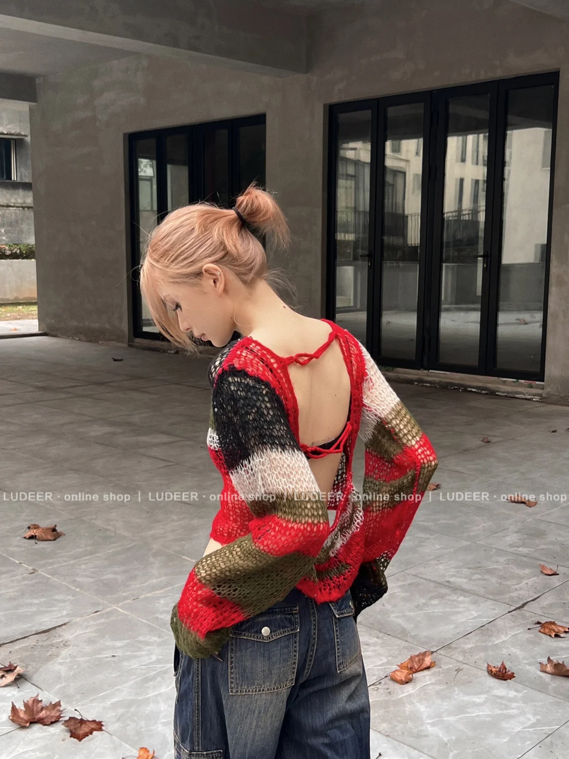 섹시한 백 레스 니트 탑 여성 아메리칸 레트로 할로우 아웃 대비 컬러 풀오버 고스 패션 긴 소매 Y2k 스웨터