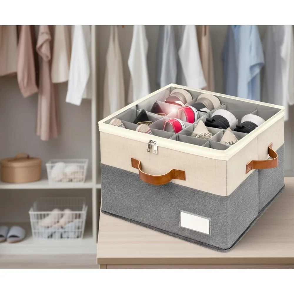 

Foldable Shoe Storage Box with Clear Cover, Adjustable Dividers, 4 Handles, Holds 8-16 Pairs, Space-Saving Design, 2-Pack Beige