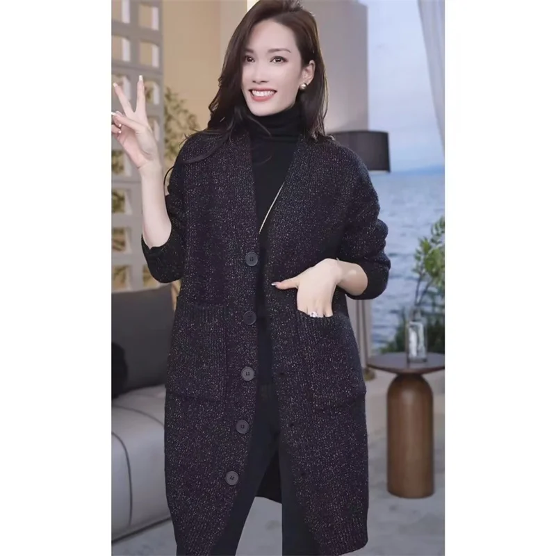 

Весенне-осеннее женское вязаное пальто большого размера, женский свитер средней длины, куртка, женская мода, свободный вязаный кардиган