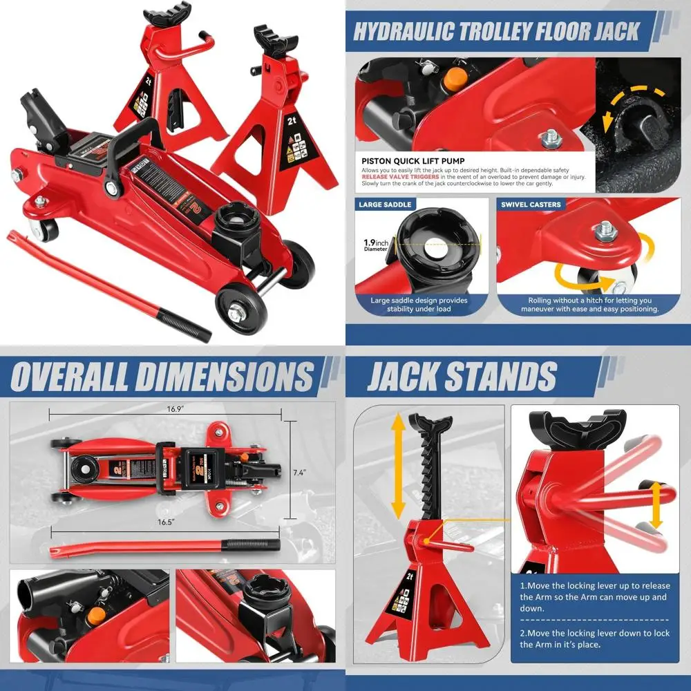 

2 Ton Low Profile Garage Hydraulic Trolley Jack and Ratchet Stands Combo for Cars, SUVs, and Trucks - Red