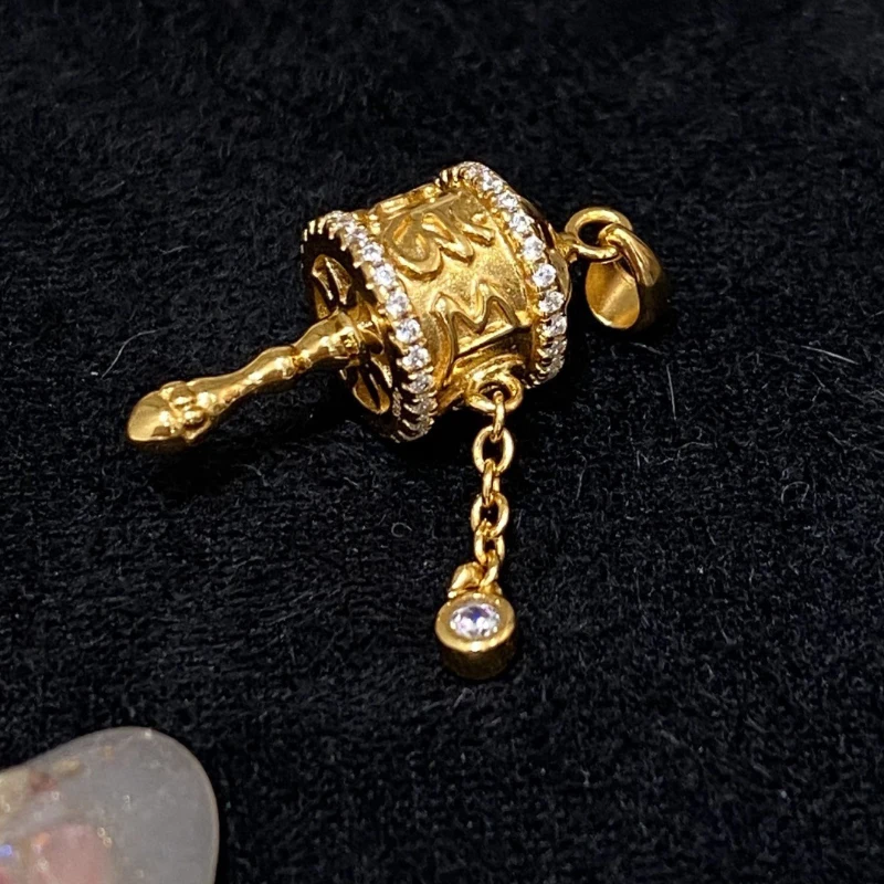 Classic Glossy Diamond inlay Six Character Mantra Relief Pendant High Grade Retro Palace Style Prayer wheel Necklace Jewelry