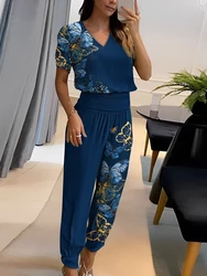 Elastic Waist Pants Butterfly Print Outfits Summer Women V Neck Top Slim Pants Set Casual Female Summer Streetwear Trousers Suit