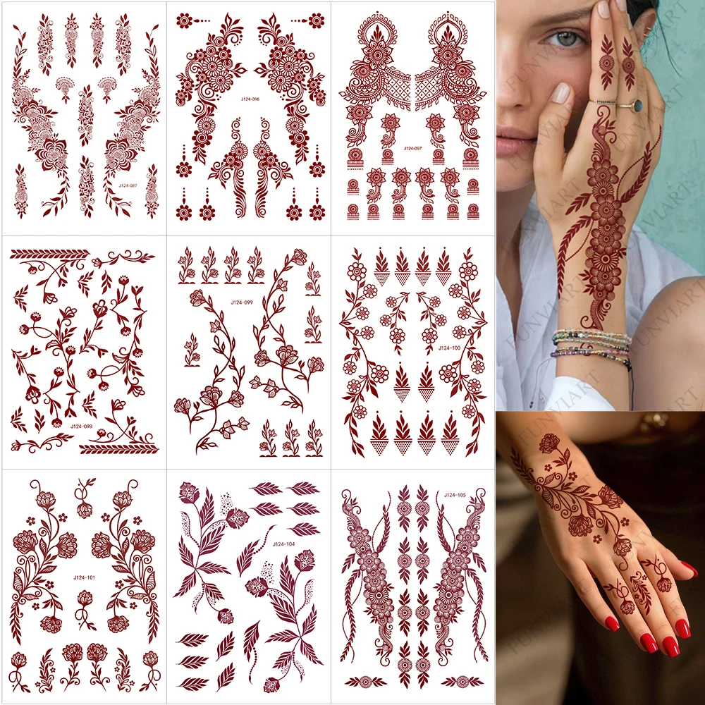 

9 Sheets Temporary Henna Tattoos for Women Maroon Flower Leaf Henna Hand Tattoo Stickers Suitable for Wedding Festival Body Art