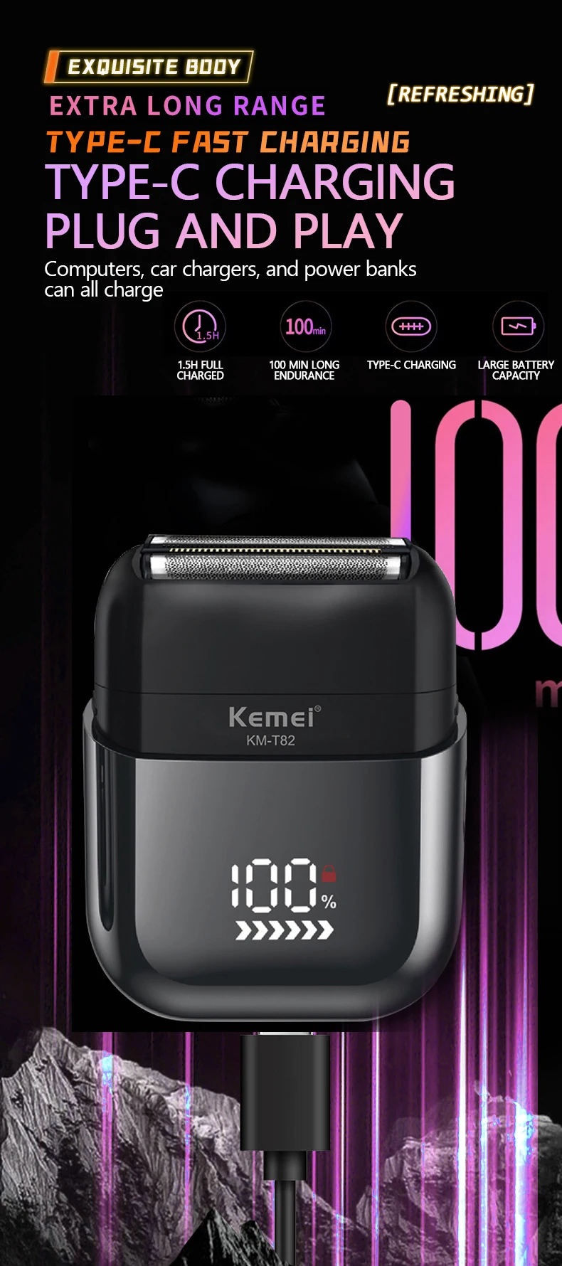 Kemei-T82 Wasserdichter Folienrasierer Elektrorasierer für Herren Gesicht Kompakte Reiserasierer Close Shave Trimmer USB wiederaufladbare Geschenke – Detail 6
