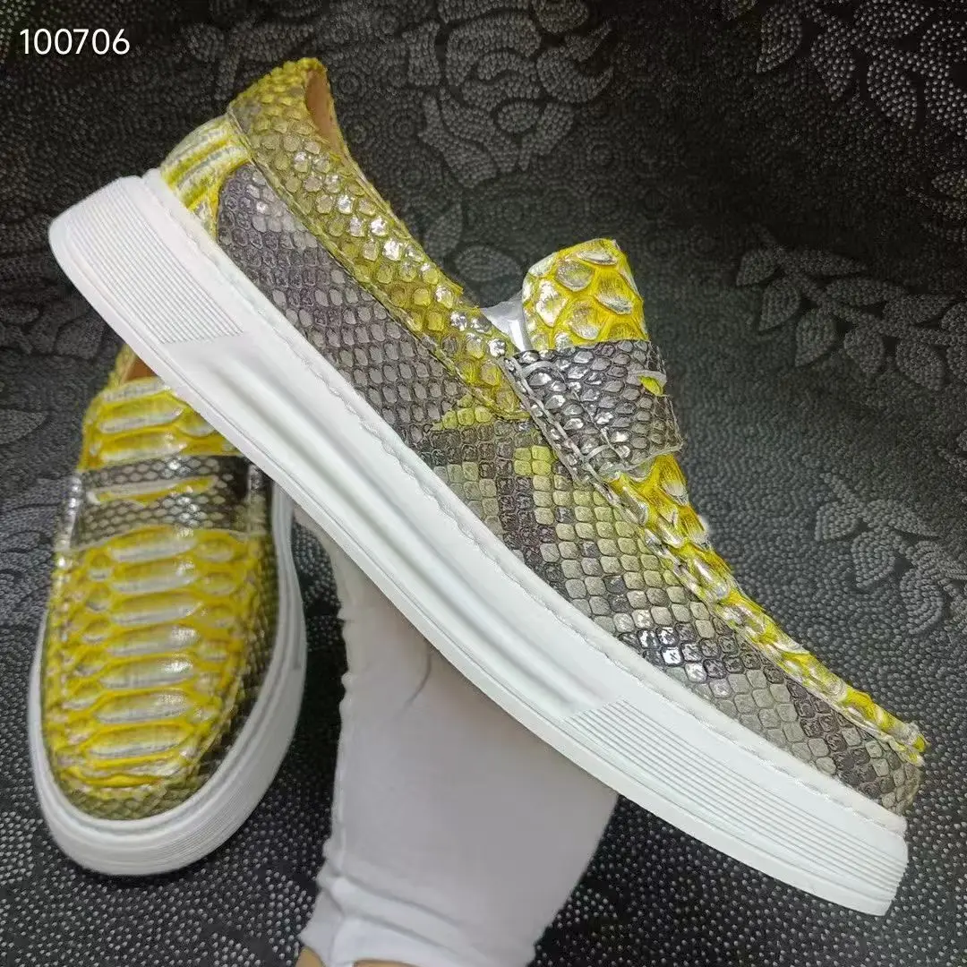 حذاء مسطح للرجال مصنوع من جلد الثعبان الحقيقي لعام 100% عالي الجودة باللون الأصفر والذهبي من جلد الثعبان حذاء رياضي أنيق للرجال #6