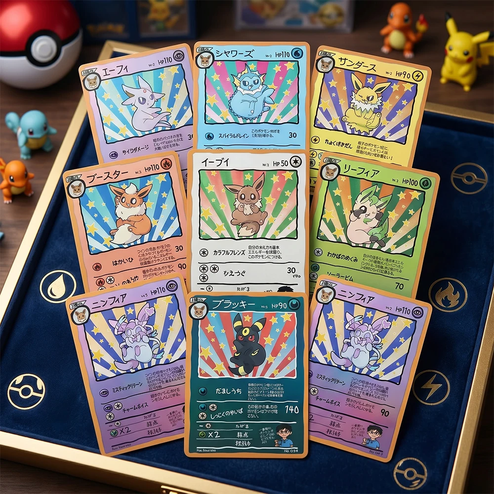9Pcs/set Anime DIY Proxy PTCG Collection Customized Card Eevee Vaporeon Jolteon Umbreon Color Coarse Holo Flash Card Gifts