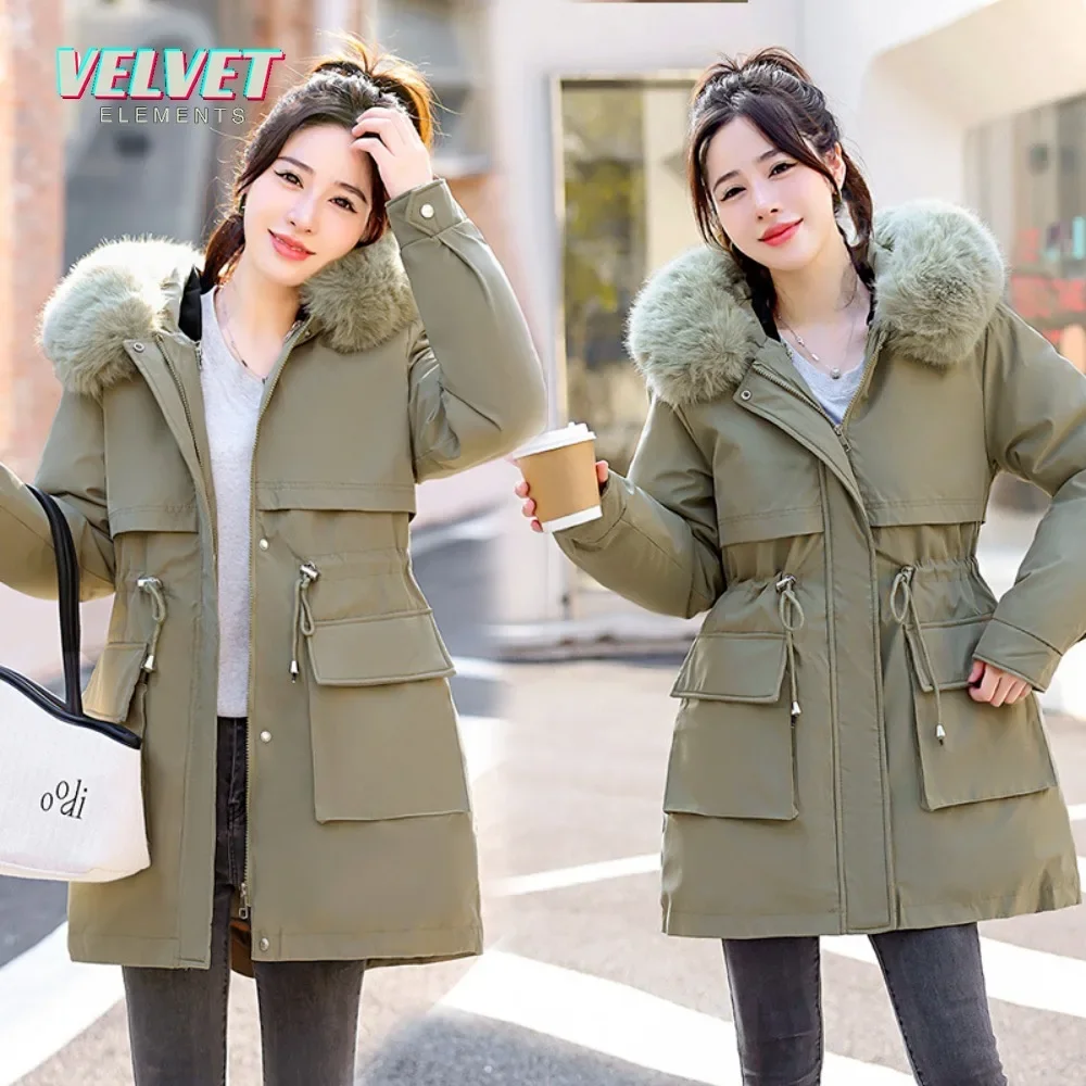 

VE 2023 Winter Jacket Women Parka Big Fur Collar Hooded Thick Warm Long Removable Coat Casual Outwear Down Cotton Jacket Parkas