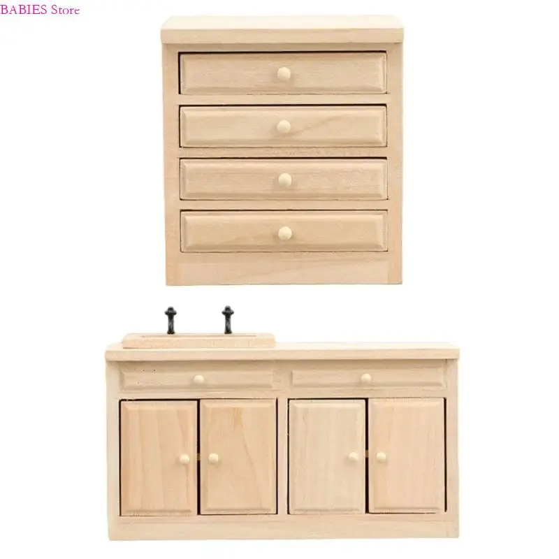 

C9GB Wooden Dollhouses Kitchen Cabinet with Functional Drawer Miniature Furniture Model For Creative Dollhouses Scene Building