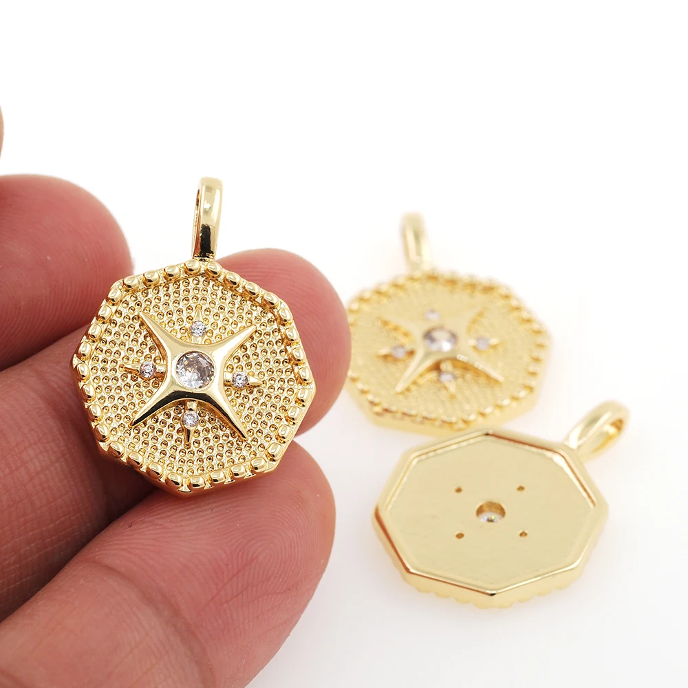 New Design Octagonal Star Gold Color Polygon Engraving Pattern CZ Charm Pendant For Fashion Jewelry Men Necklace Accessories