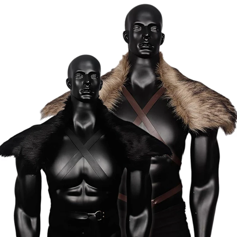 

Men Medieval Faux Fur Cape W/Chest Strap Shoulder Cloak Viking Warrior Fur-like Fur Collar Shawl Role-playing Costume Halloween