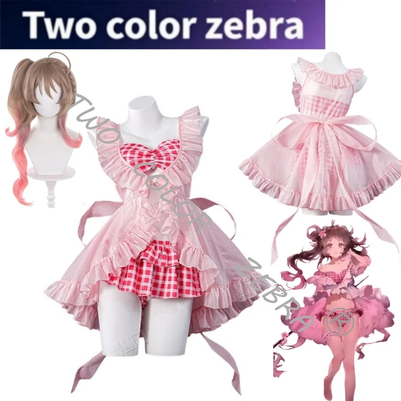 

Arknights Eyjafjalla Summer Bloom Cosplay Cute Pink Checkered Bikini Swimsuit Costume Sheer Cover-Up Bow Props for Beach Party