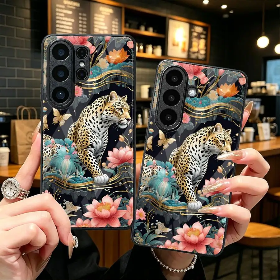 Leopard With Flowers Phone Cover Glass Case for Samsung Galaxy S26 Ultra S23+ S24+ 25 Edge S22 S20 S21 S26+ S25+ 24 Plus S23 FE