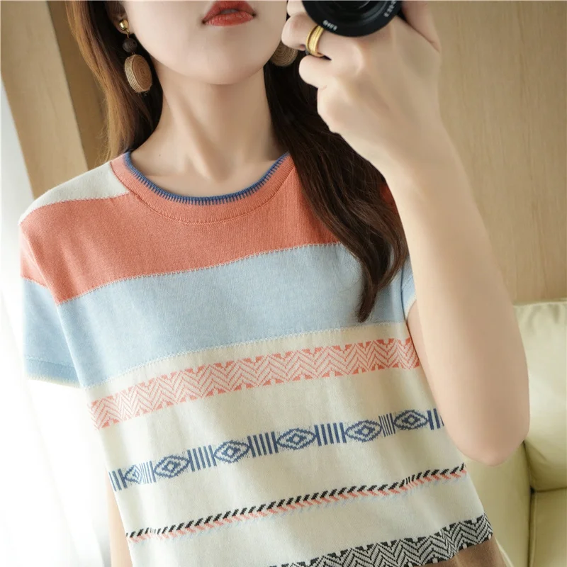 Summer New Striped Short-Sleeved T-shirt Female Cotton Contrast Rainbow Knit Bottoming Shirt Loose Slim Sweater