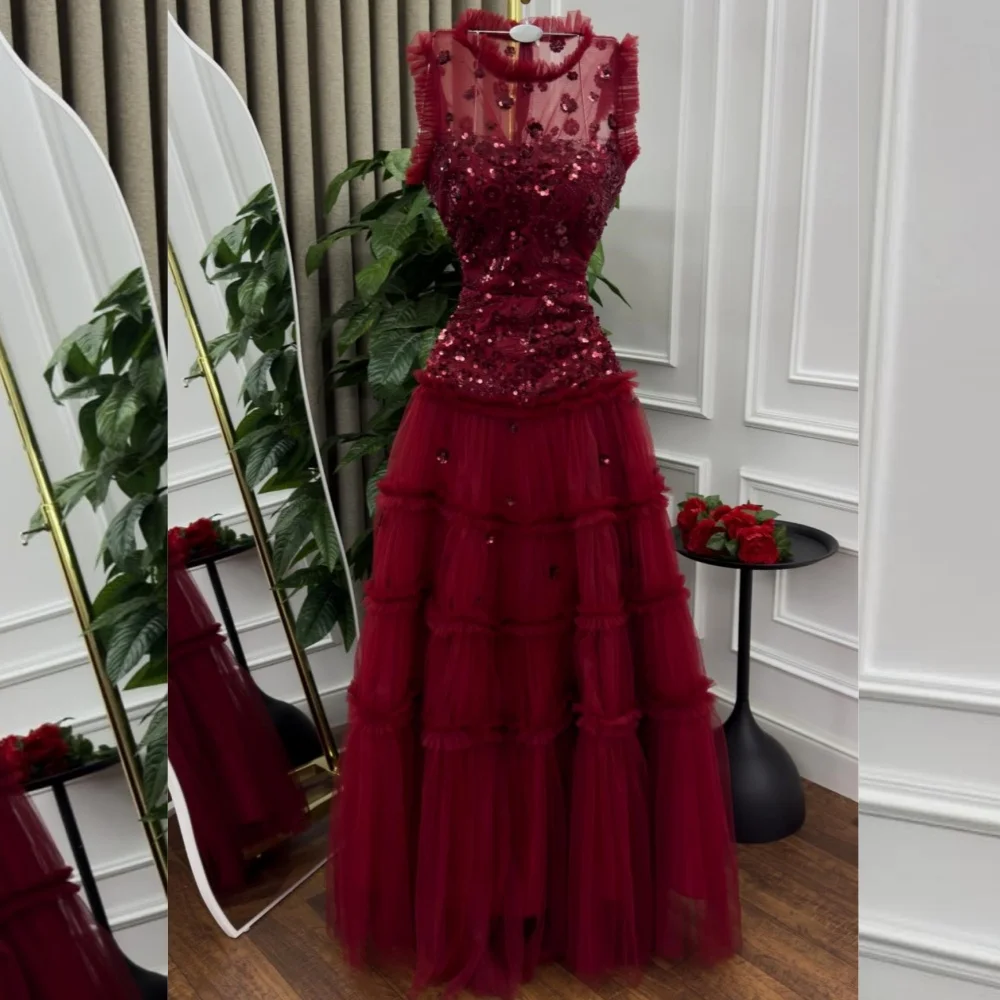 Customized Sparkle Net Sequined Pleat A-line Scoop Neck Long Dresses Bespoke Occasion Modern Style Simple