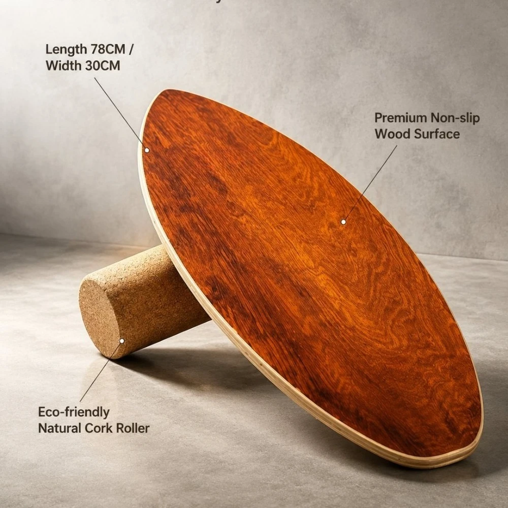 Wooden Balance Board with Cork Roller, Professional Core Trainer for Fitness & Surf Balance Training
