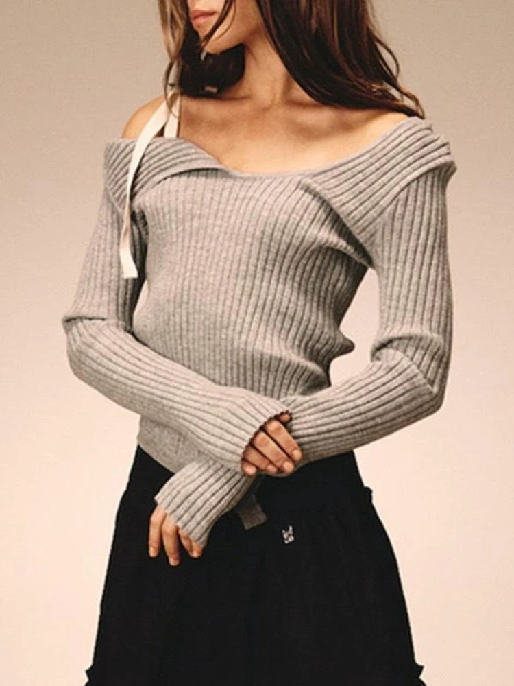 Vintage Sexy Elegant Knitted Pullovers Women American Retro Prevalent Bow Bandage Slash Neck Slim Sweater Spring 2024