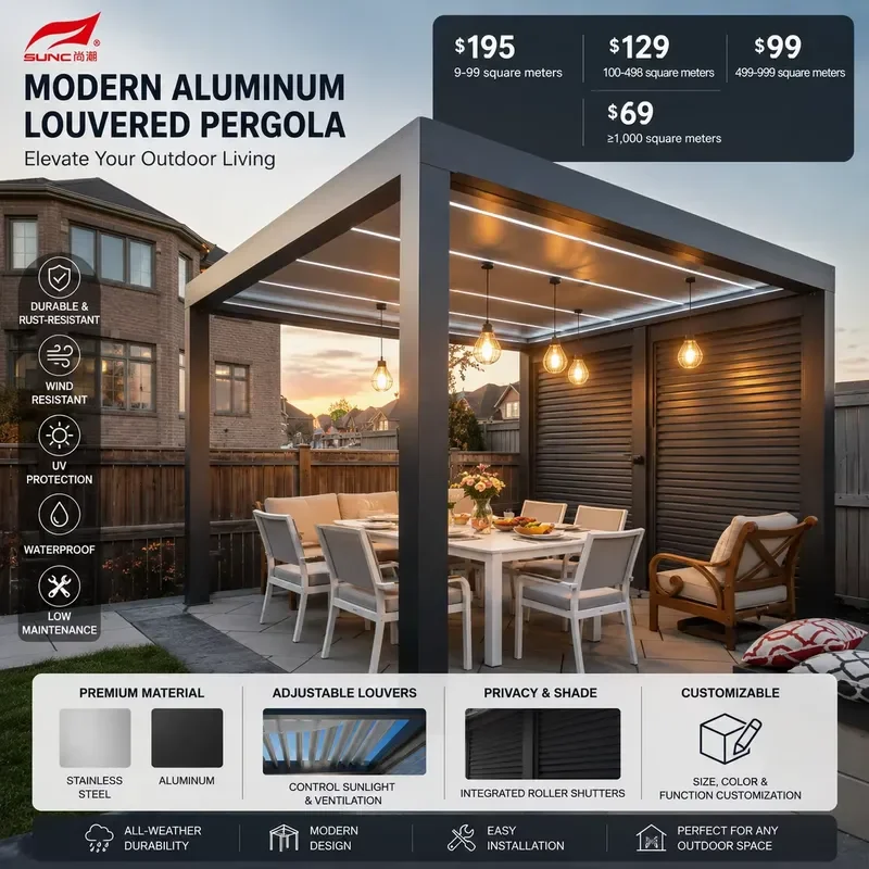 Modern Outdoor Waterproof Aluminum Pergola with Adjustable Louver Roof Anti Corrosion Frame Custom Size Tiered Area Price