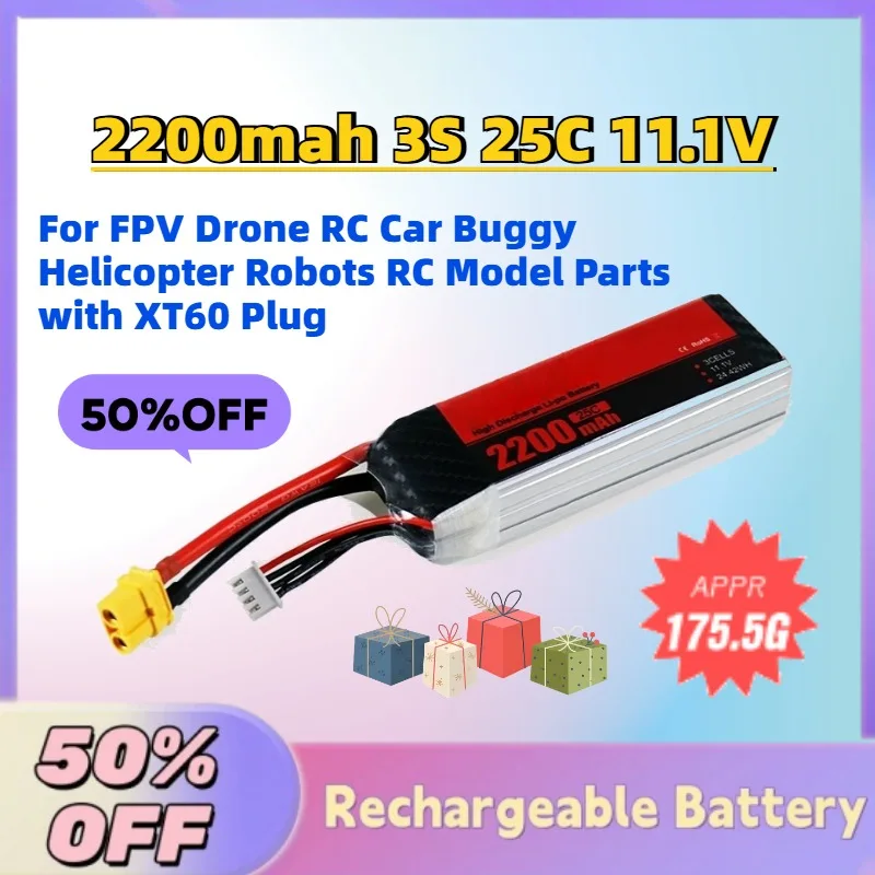 

Fast Shipping 2200mah 3S 25C 11.1V Lipo Battery for FPV Drone RC Car Buggy Helicopter Robots RC Model Parts with XT60 Plug