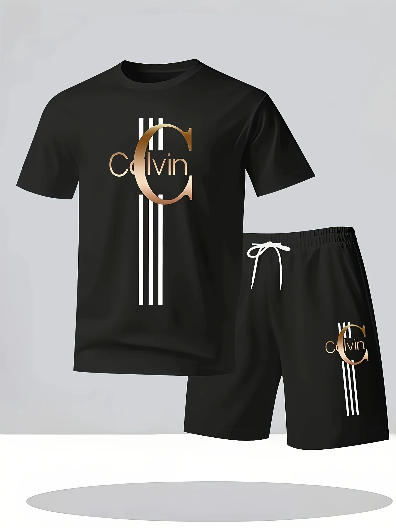 

Men's Calvin Breathable Short-Sleeve T-Shirt and Black Striped Shorts Set - Black Drawstring Shorts with Gold"Calvin"Logo Accent
