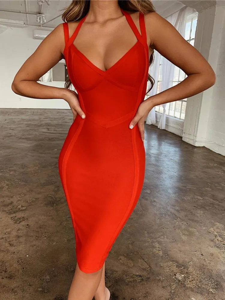 Free Shipping Women Summer Style Sexy V Neck Backless Black Red Bandage Dress 2022 Designer Fashion Evening Party Dress Vestido