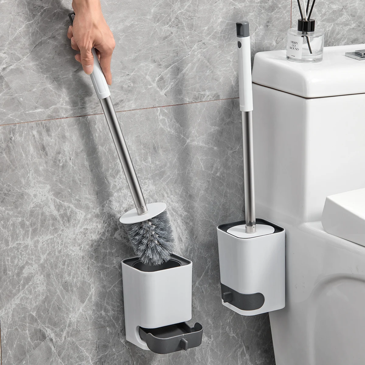 WORTHBUY Plastic Wall Mounted No Dead Corner Toilet Cleaning Brush With Drain Base Long Handle Toilet Brush Bathroom Accessories