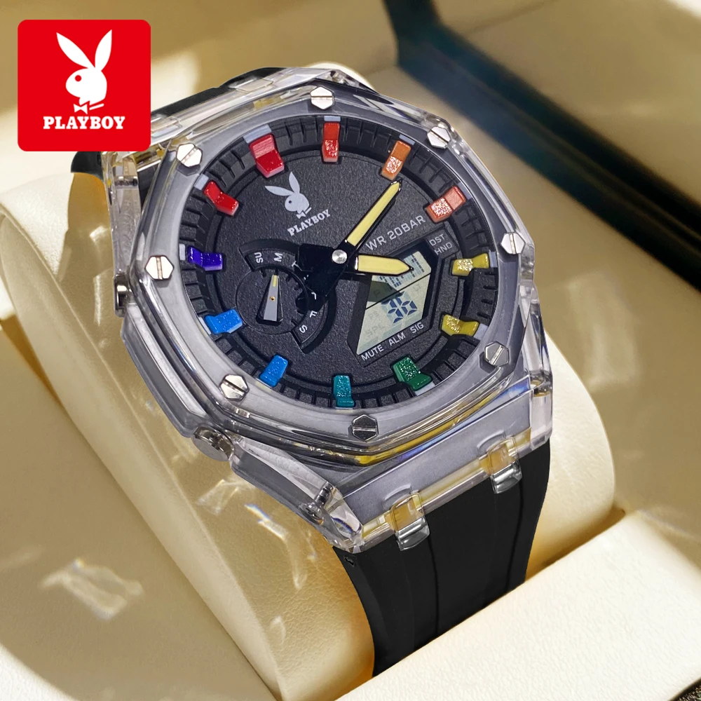 

PLAYBOY Exclusive 2066 Electronic Quartz Watches for Man Fashion Transparent Case 200M Waterproof Top Sports Men's Wrist Watches