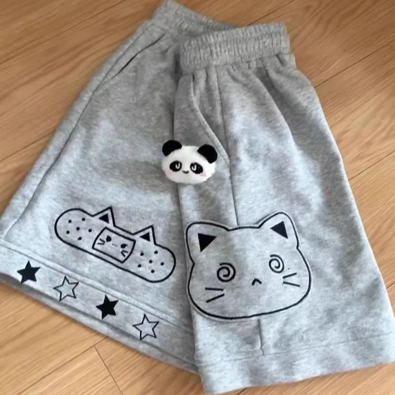Japanese Two-dimensional Subculture Y2k Millennial Cute Abby House Cat Print Summer Five-point Wide-leg Shorts Women