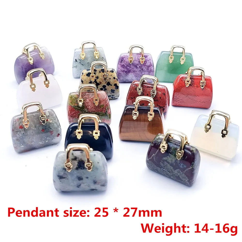 Crystal Mini Handbag Pendant for Women Necklace Bracelet Natural Stone Amethyst Tiger Eye Lapis Lazuli Powder Dongling Jade