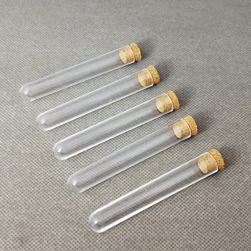 100pcs 12x75mm Lab Transparent Plastic Round Bottom Test Tubes With Corks ,Party Candy Bottle Wedding Gift Vial Bath salt vials