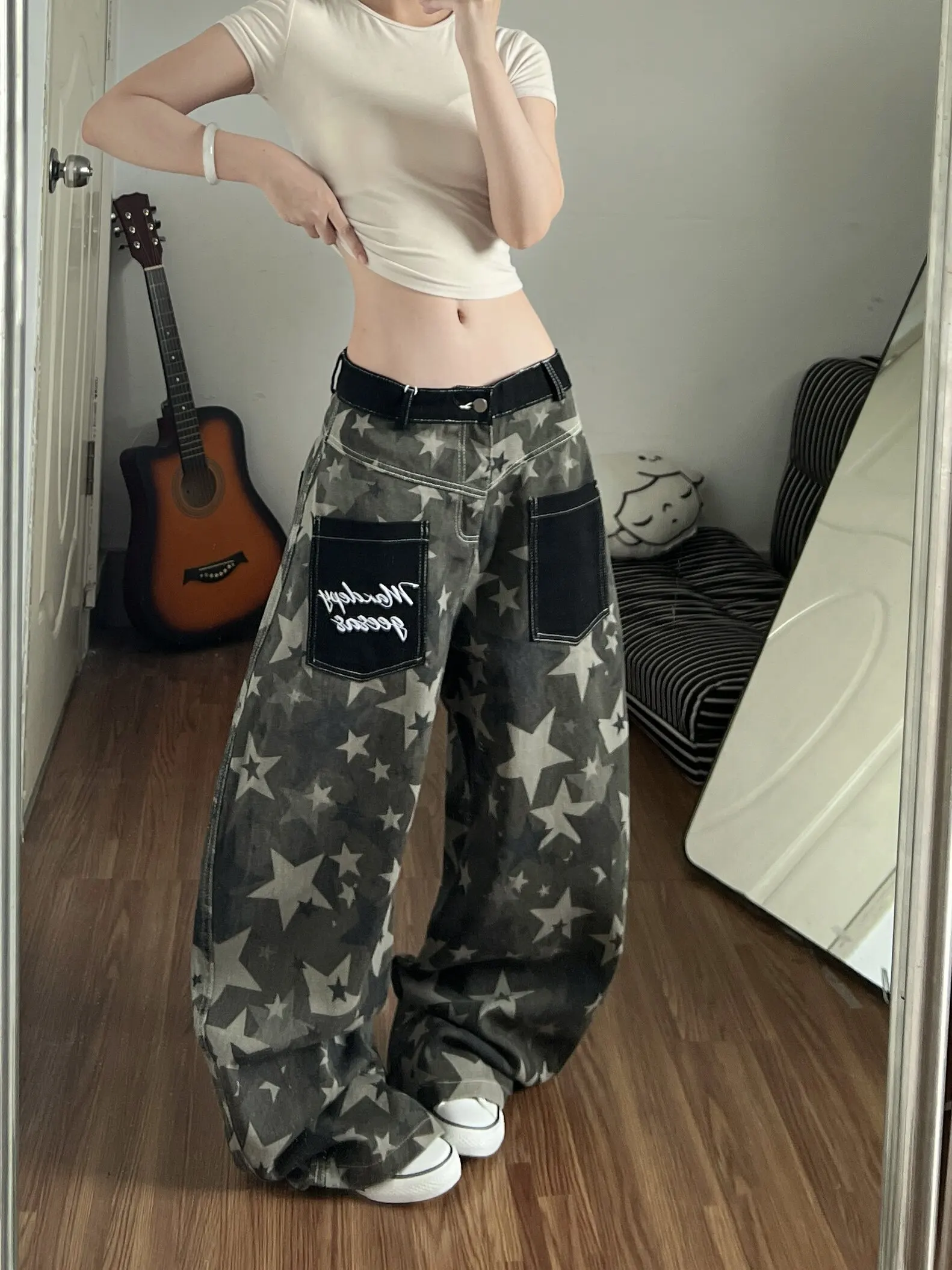 Retro American Star Print Loose Fit Denim Jeans Men's Women's Heavy Stitching Pocket Wide Leg Personality Distressed Long Tro...
