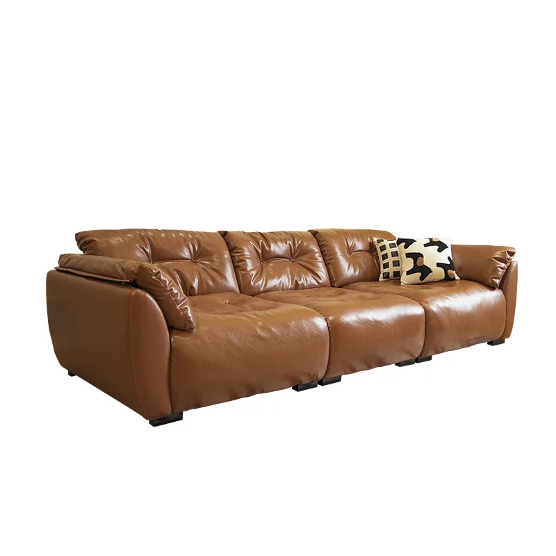 

French retro cloud oil wax leather sofa living room adjustable backrest three people straight row medium antique style