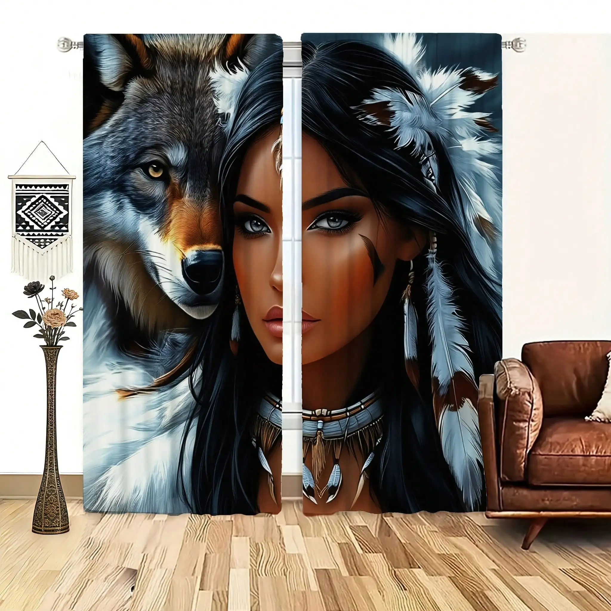 2pcs Modern  Wolf Print Semi-Sheer Curtains Suitable For Living Room, Bedroom, Kitchen Rod Pocket Window Drapes With Wolf Totem