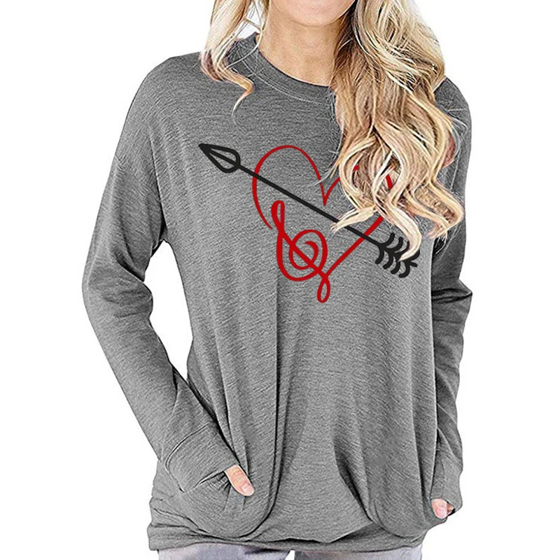 Women's Clothing Arrow Through Heart Graphic Long Sleeve T-shirt Music Note Heart Classic Tops Fashion Woman Long-sleeved Tshirt