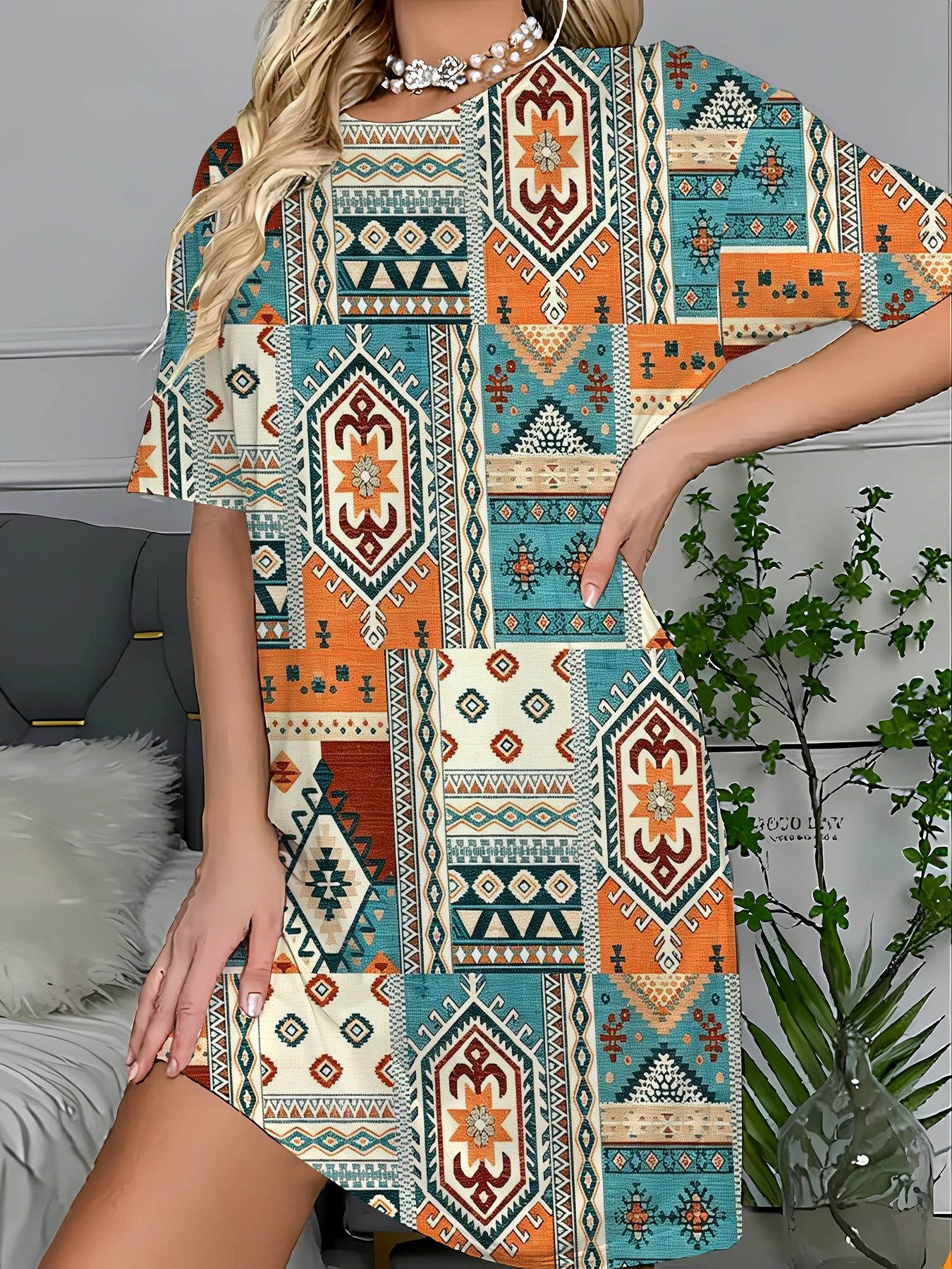 Boho Print Long Sleep T-Shirt Dress Women Vintage Knit Summer Nightgown