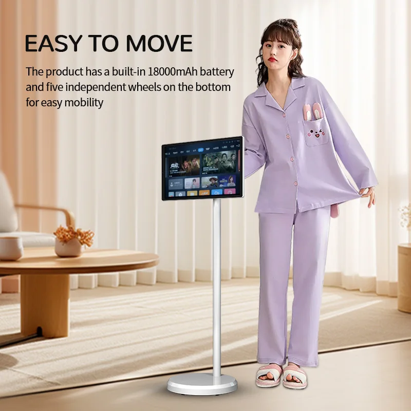 21.5 Inch Portable Digital Signage Display Rotating Android TV On Wheels White Mobile Television Built-In Speaker Smart TV