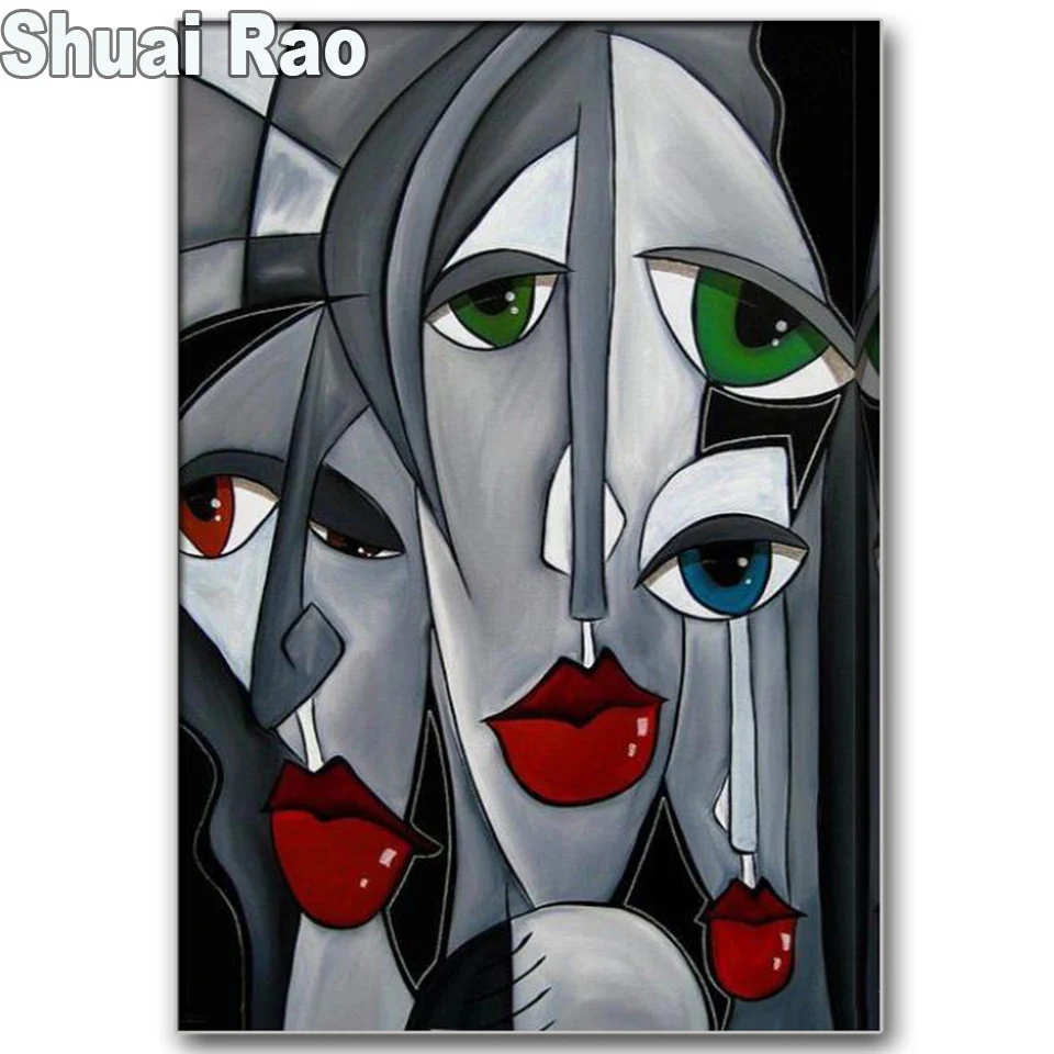 5D Green Eye Red Lip Abstract face art DIY Diamond Painting Full Square round Diamond Embroidery Mosaic Picture Of rhinestones,