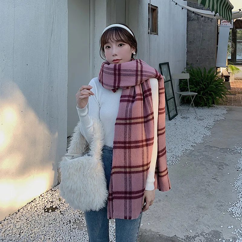 

2022 Winter Plaid Cashmere Blend Scarves for Women Sweet Bufanda Pink Plus Size 200*70Cm Muffler Female Pashmina Echarpes