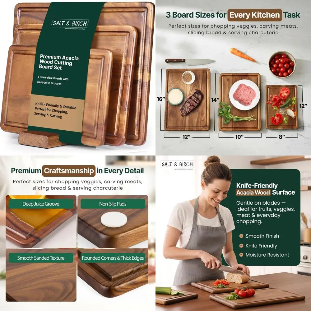 

Premium 3-Piece Birch & Acacia Wood Cutting Board Set for Chefs - Ideal for Preparing Meat, Veg, Fruits, and Cheese