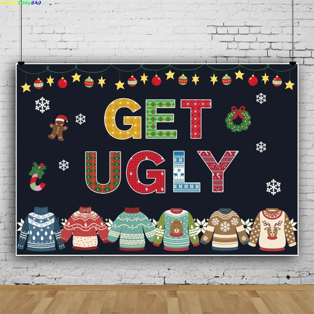 

Get Ugly Sweater Christmas Family Friend Party Photocall Poster Snowflake Stripe Photo Background Photographic Backdrops