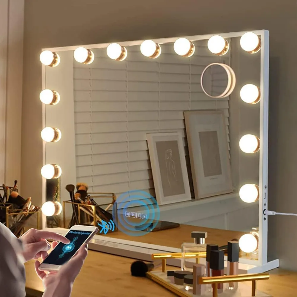 

Vanity Mirror with Lights, Speaker Hollywood Speaker Support Answer Call, Touch Screen, 3 Color Modes Tabletop 15 Dimmable Bulbs