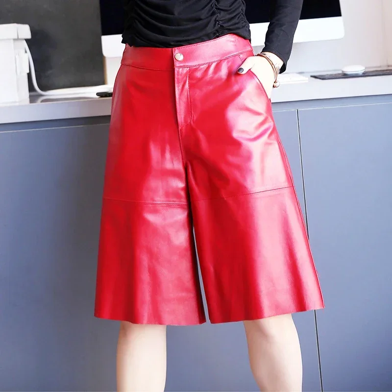 Tajiyane Genuine Leather Pants Women Korean High Waist Pants for Women Sheepskin Wide Leg Pants Women Knee-length Streetwear