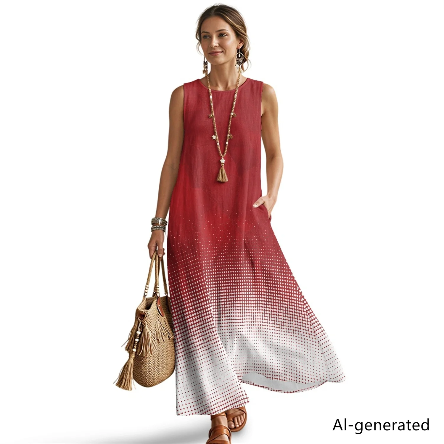 

XIXIRIMIDO 2026 Summer Women's Imitation Linen O-Neck Sleeveless Long Skirt Gradient Print Beach Vacation Clothing with Pockets