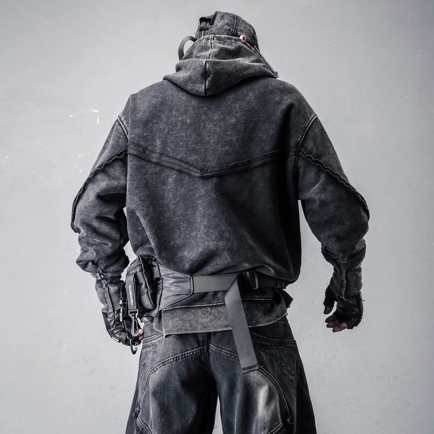 Wasteland Style Oblique Zipper Sweater Men's  Loose Mouth Stitching Deconstruction Distressed Dirty Wash Techwear Hooded Coat