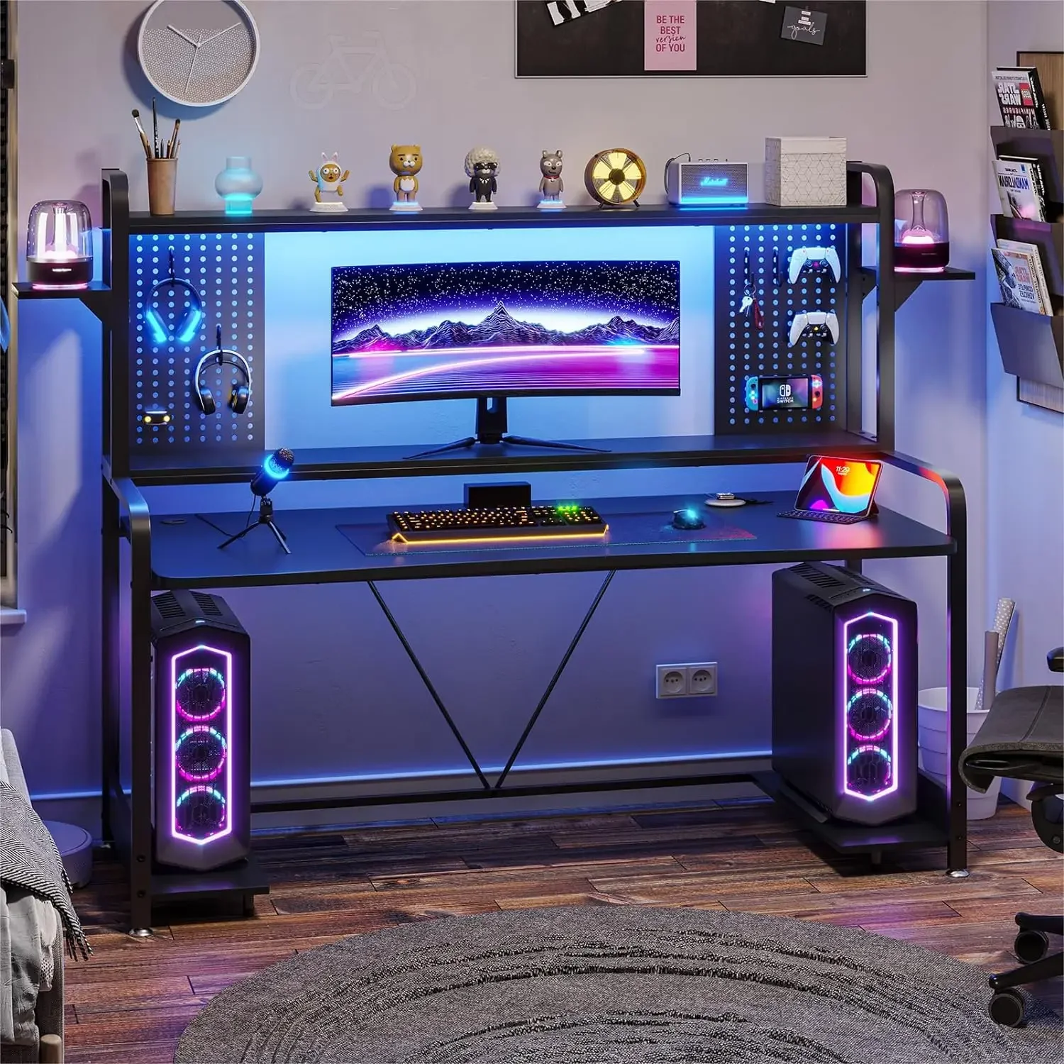 Gaming Desk,  Computer Desk with Hutch and Shelves, Gaming Desk with  Lights, Pegboard  Monitor Shelf