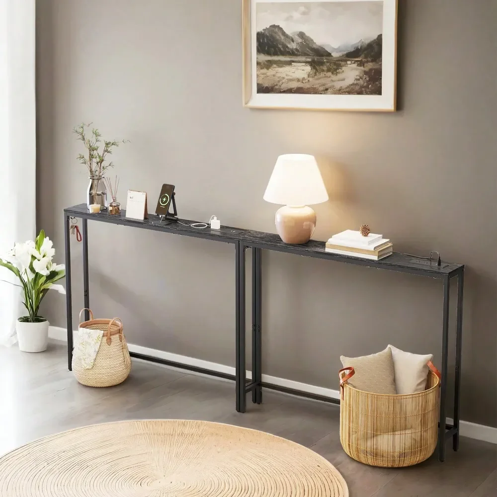 

Set Of 2 Console Tables With Power Outlets, Slim Behind Couch Sofa Tables, 5.9 X 39.4 X 31.5 Inches, 2 Hooks, Easy Assembly, Fo