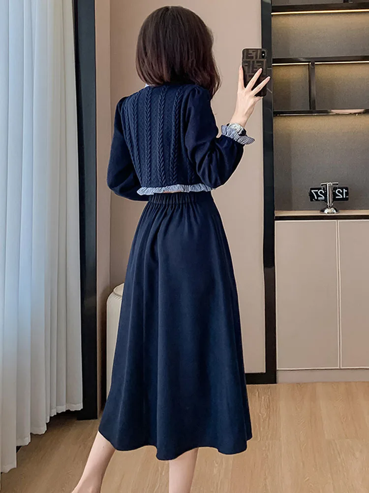 2023 Autumn Fashion Two Pieces Set Korean Women Vintage Ruffles Knitted splicing Shirt Top + A-Line Midi Skirts Elegant Outfits