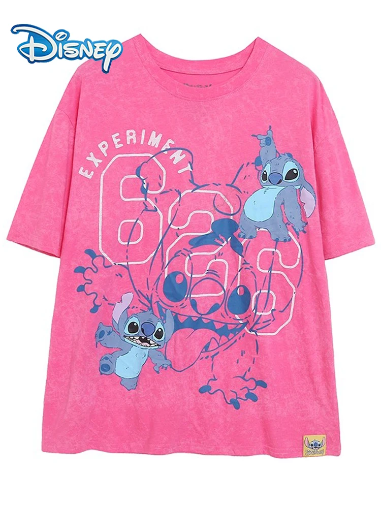 

Футболка с мультяшным принтом Disney Stitch Little Monster Letter, милый женский пуловер с короткими рукавами и круглым вырезом, футболки в стиле Харадзюку, розовые женские топы