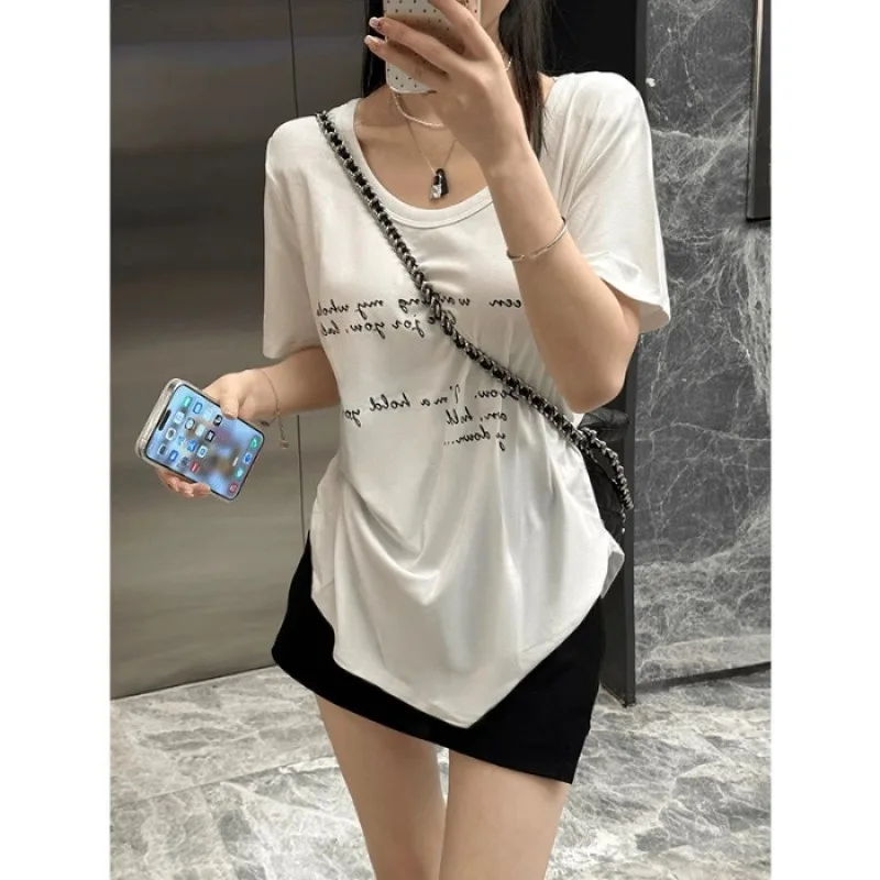 Neues Damen Sommer T-Shirt mit Buchstaben-Print, Kurzarm, Lässiges Oberteil, Figurbetontes Basic-Shirt für Frauen, Casual Damen T-Shirt Oberbekleidung