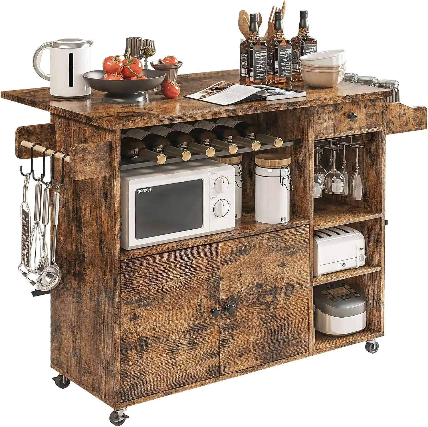 Kitchen Island Cart with Wheels for Kitchen and Dining Room | Wine Rack, Drawers, Open Shelves, Storage, Drawer space